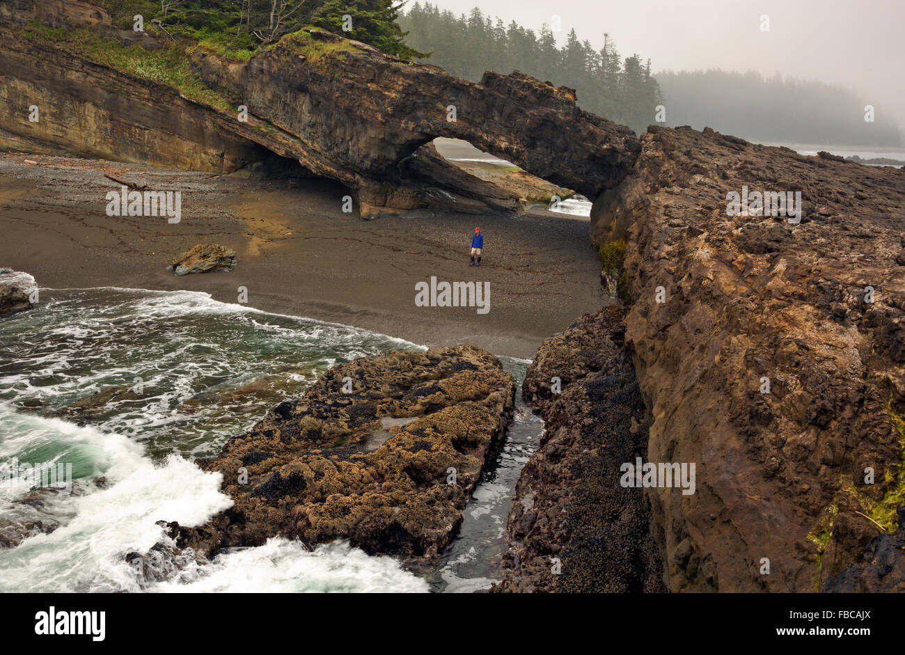 BRITISH COLUMBIA - Wanderer südlich Tsusiat fällt Lager an Loch Punkt auf der Route von der West Coast Trail durch einen Bogen. Stockfoto