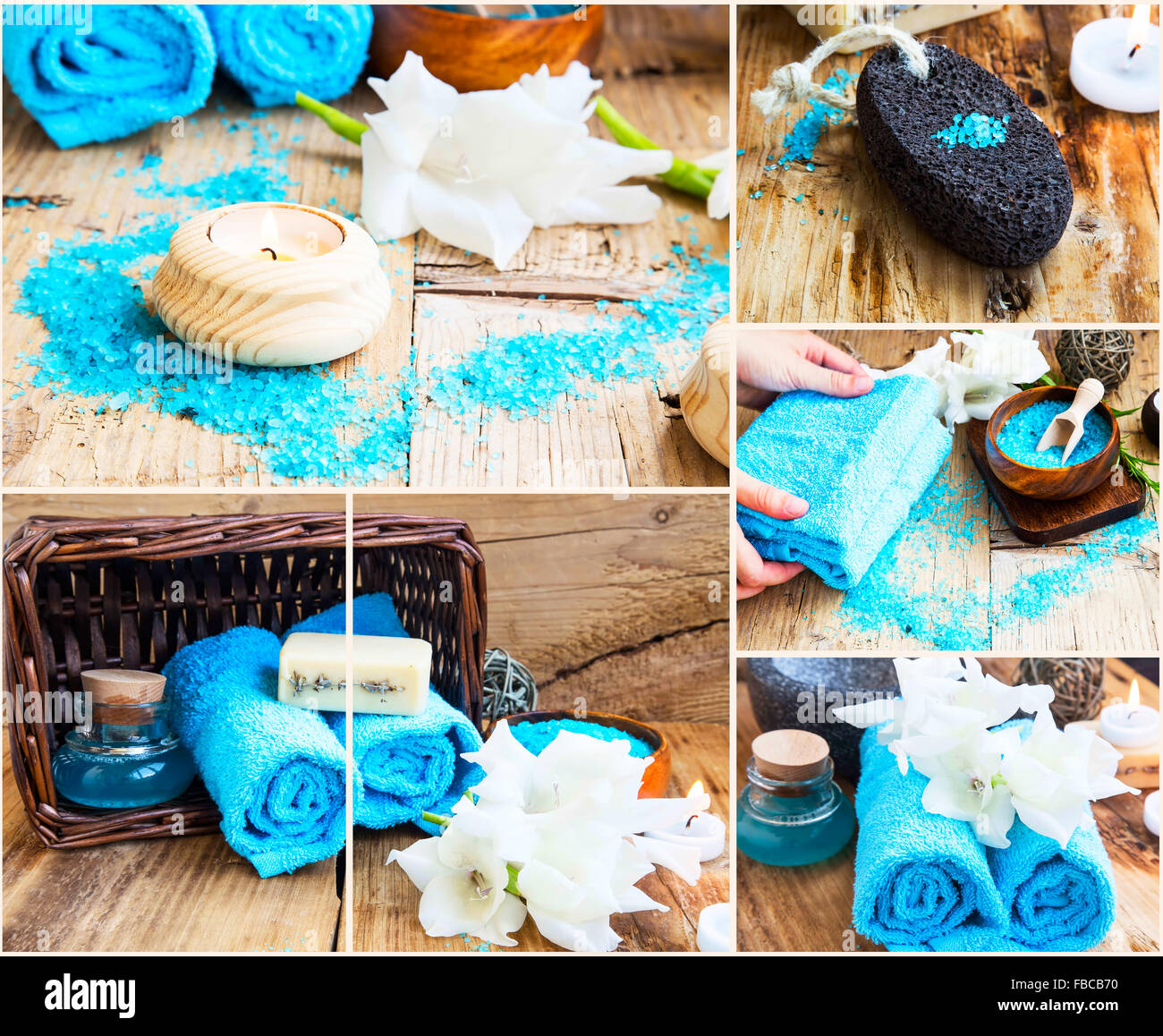 Spa-Stillleben-Collage mit Meersalz, Kerzen, Handtücher aus Baumwolle und weiße Blume, Beauty Therapy Stockfoto