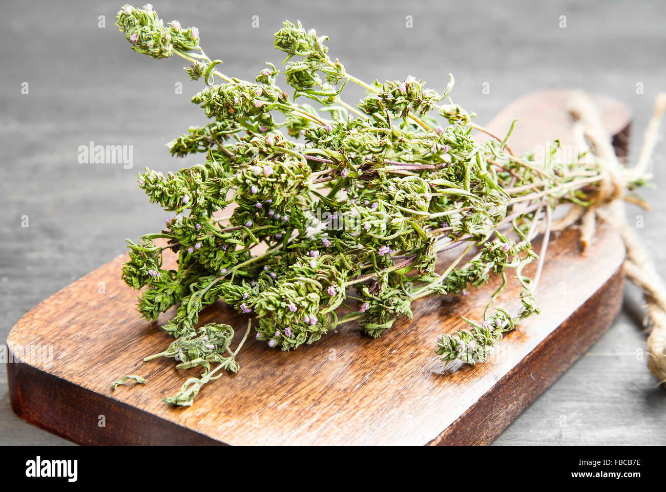 Küchenkraut Thymian auf einem Brett aus Holz Cutiing Stockfoto