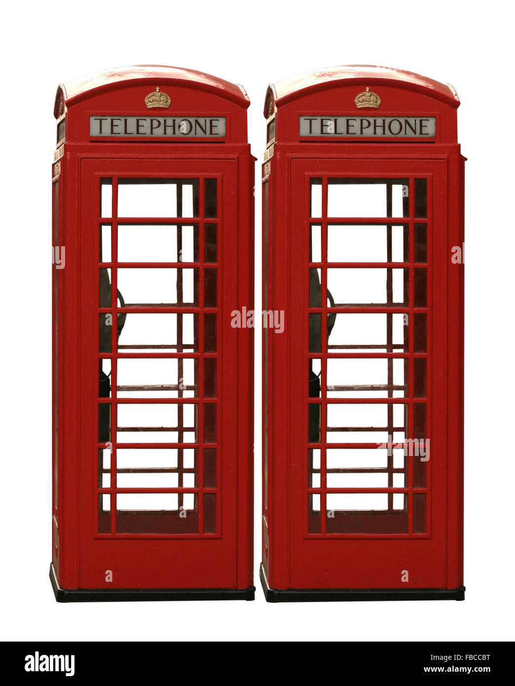 Zwei klassische rote britische Telefon Boxen isoliert auf weißem Hintergrund Stockfoto