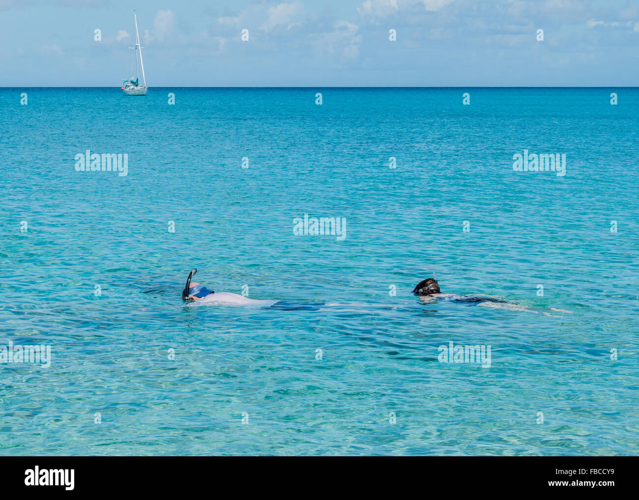 Ein kaukasischer 77 Jahr alt Schnorchel Mann mit seiner 50 Jahre alten Tochter aus St. Croix, Amerikanische Jungferninseln. Stockfoto