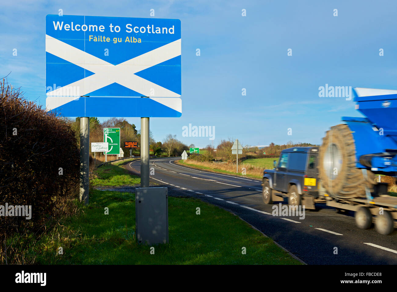 Schild - Willkommen in Schottland - auf der A7 in der Nähe von Longtown, UK Stockfoto