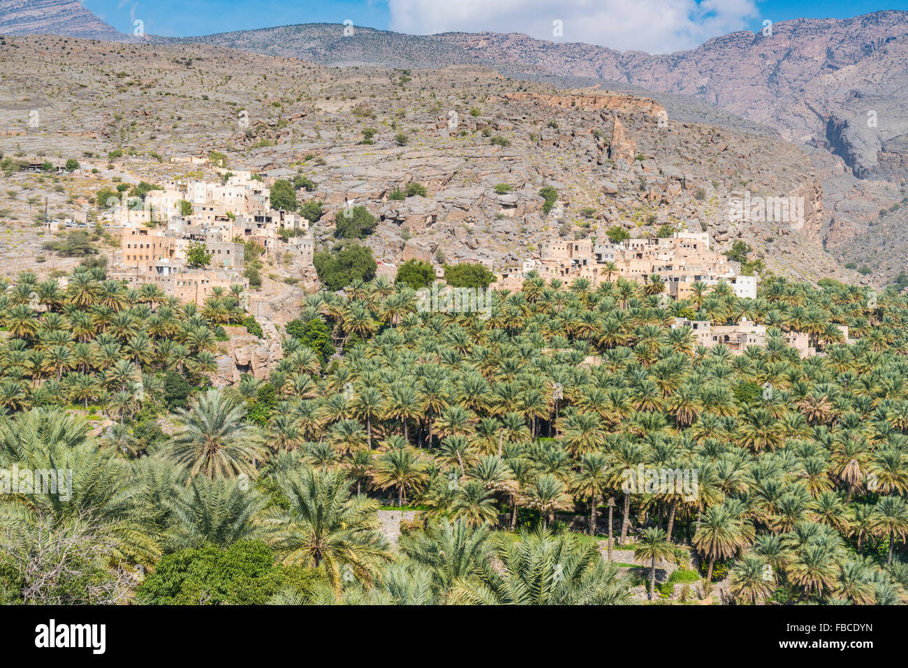 Blick auf traditionelle alte Dorf am Misfat al Abryeen im Oman Stockfoto