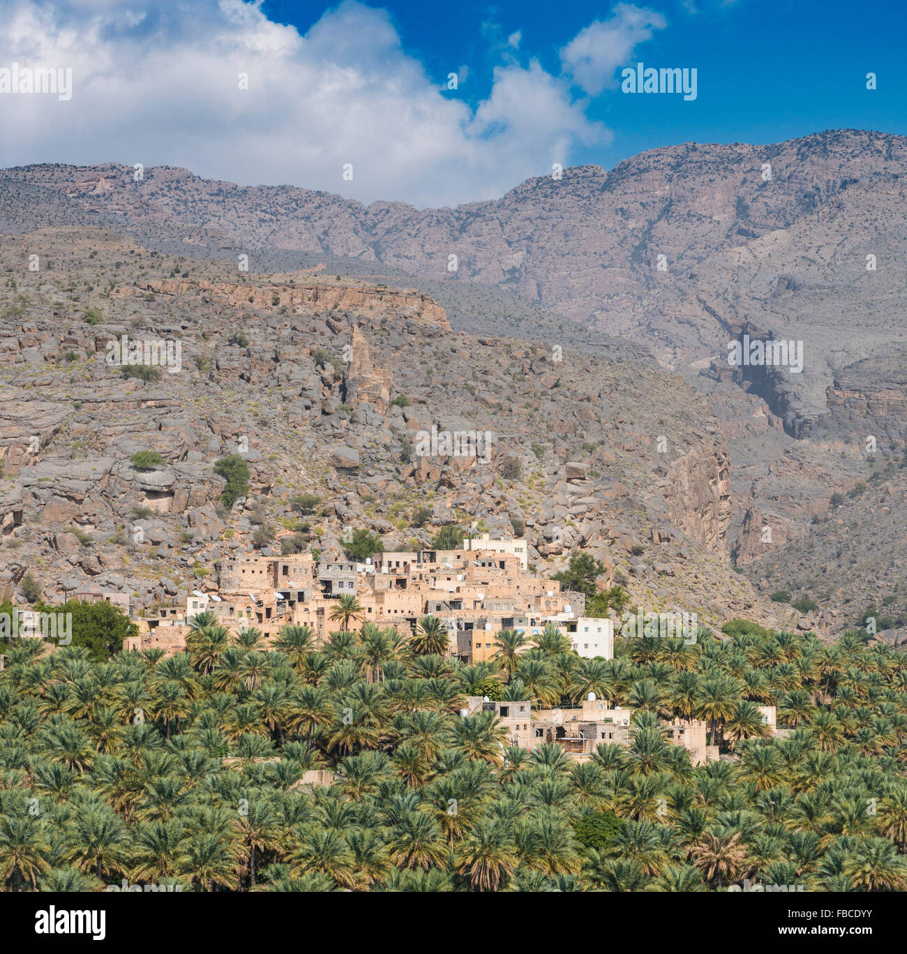 Blick auf traditionelle alte Dorf am Misfat al Abryeen im Oman Stockfoto