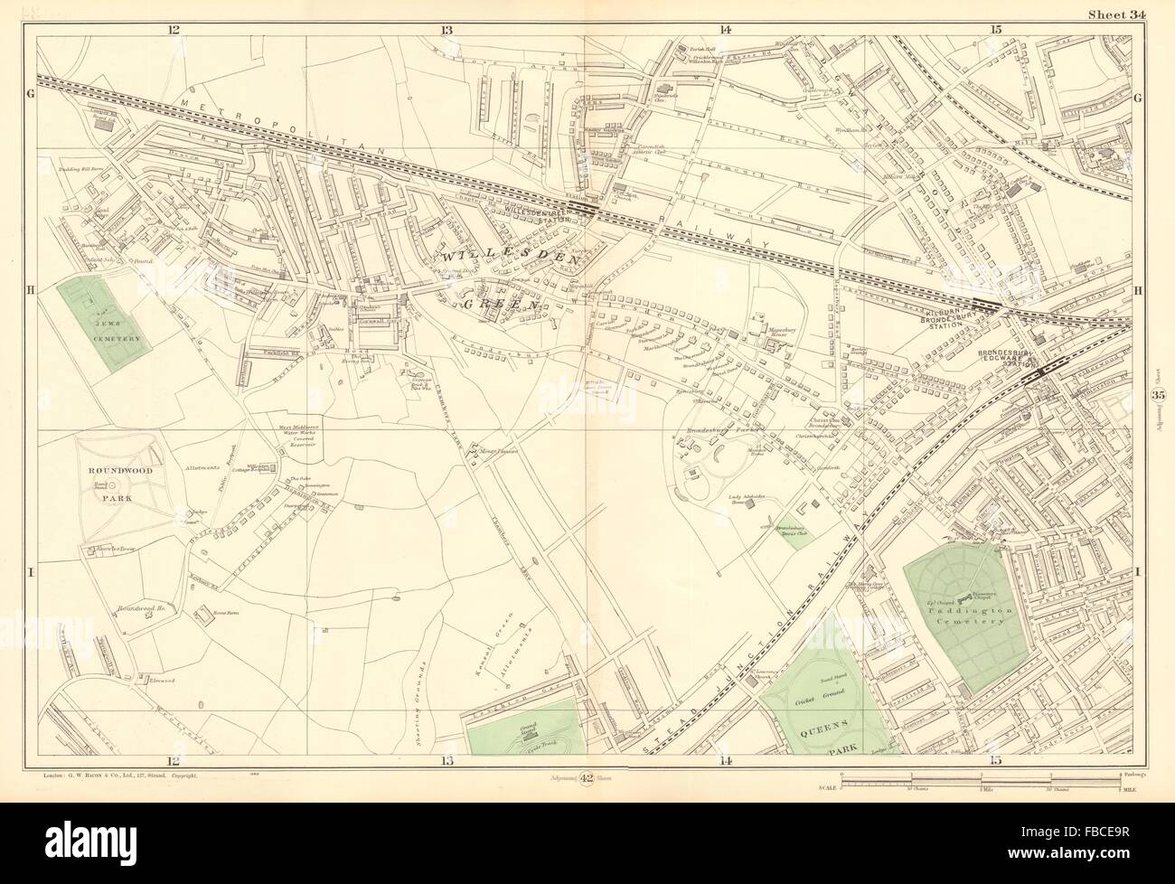 WILLESDEN GREEN Kilburn Brondesbury Queens Park Dollis Hill Kensal Aufstieg 1903 Karte Stockfoto