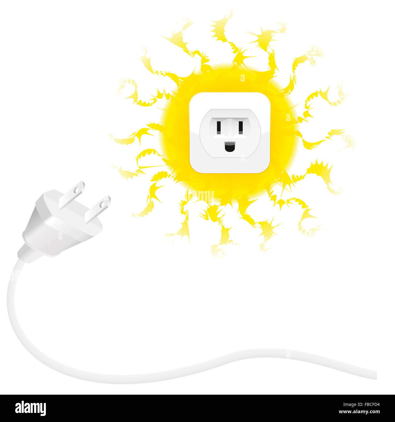 Erneuerbare Energien - Solarenergie - Stecker und Sonne mit Steckdose. Abbildung auf weißem Hintergrund. Stockfoto
