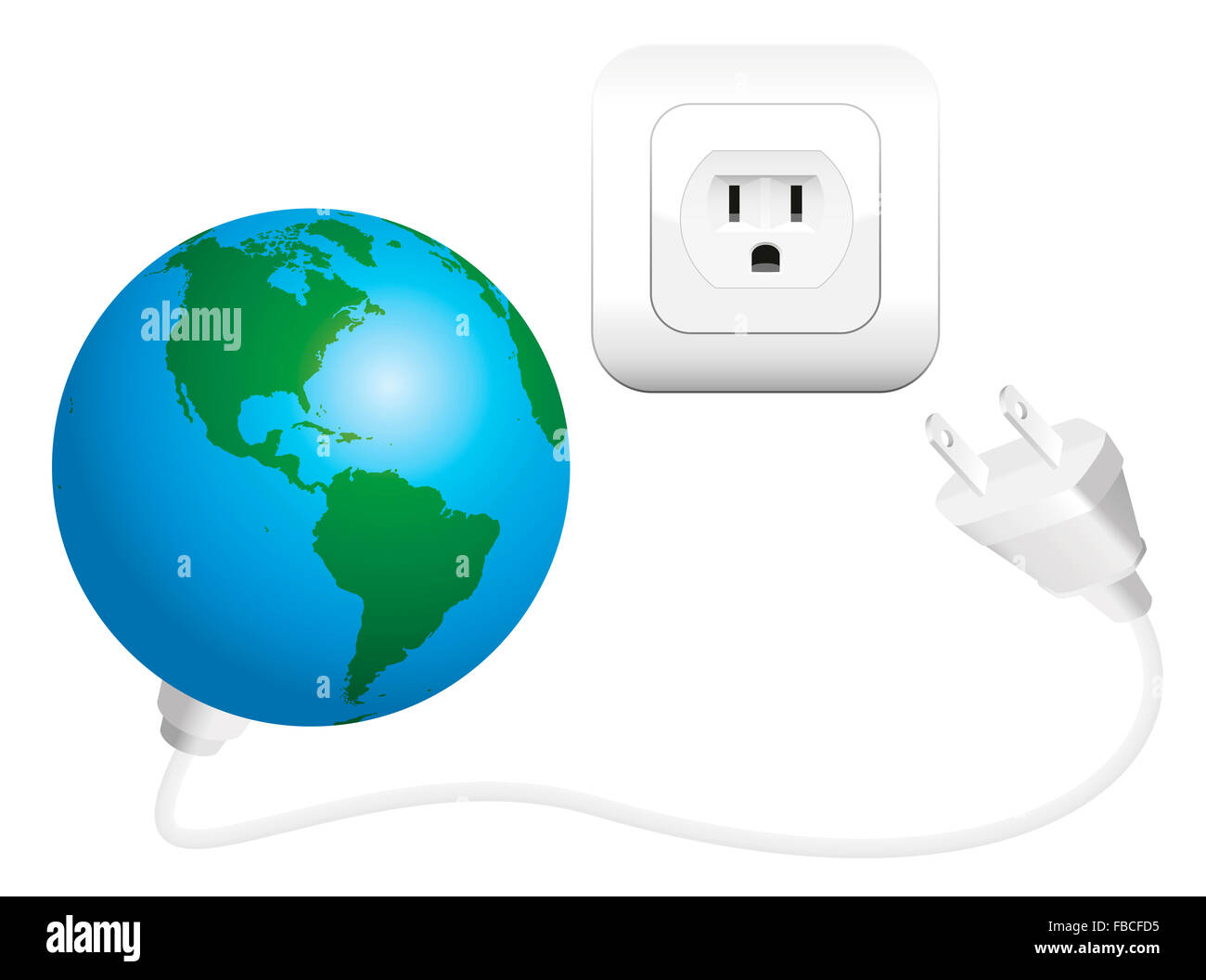 Erde mit Stecker als Symbol für einen globalen Stromverbrauch. Abbildung auf weißem Hintergrund. Stockfoto