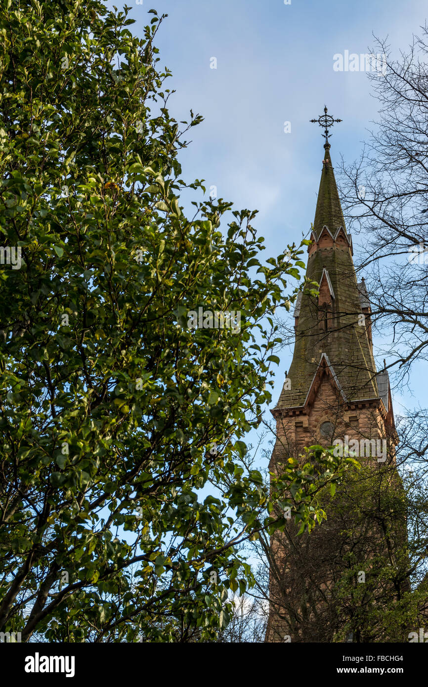 St. Matthews Church spire Kurzum Strang, East Belfast. Stockfoto