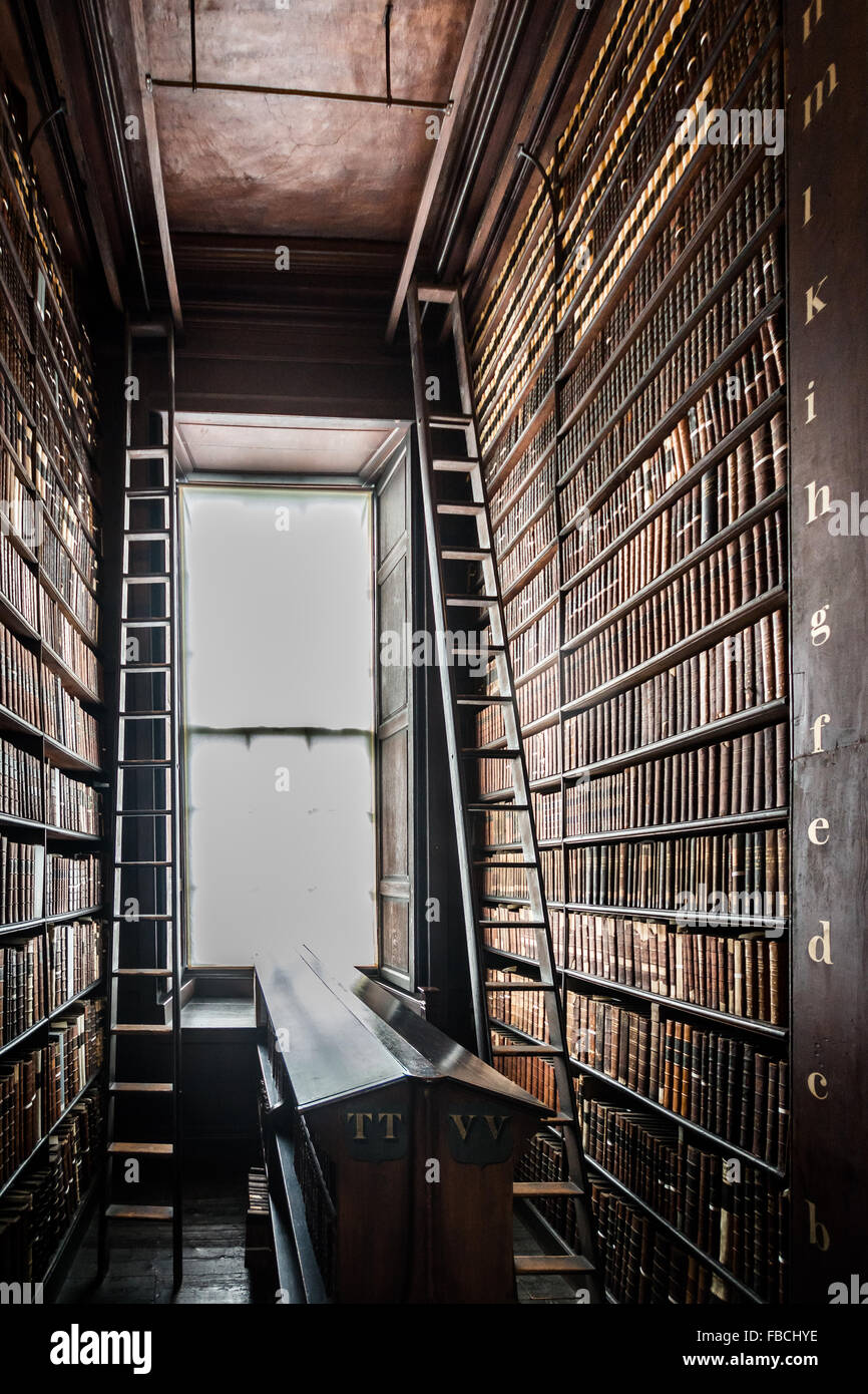 Bibliothek-Leitern, Bücher auf höheren Regalen in Trinity Library in Dublin zu erreichen. Stockfoto