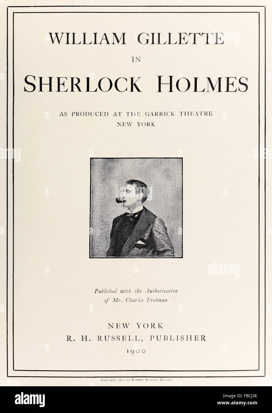 Titelseite von Souvenir-Album für 'Sherlock Holmes' Theaterstück adaptiert von stockwerkartig von Sir Arthur Conan Doyle von William Gillette, der auch die Titelrolle spielte. Das Spiel am Garrick Theatre am 6. November 1899 eröffnet und war sehr erfolgreich, ein Stummfilm, der darauf basierenden erschien 1916 und Gillette gemacht über 1300 Auftritte in den USA und Großbritannien. Siehe Beschreibung für mehr Informationen. Stockfoto