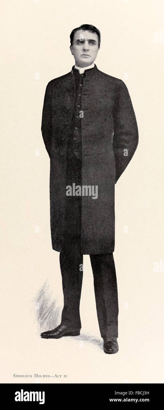 Sherlock Holmes im vierten Akt von Bühnenadaption von "Sherlock Holmes" adaptiert von stockwerkartig von Sir Arthur Conan Doyle von William Gillette, der auch die Titelrolle spielte. Das Spiel am Garrick Theatre im Jahr 1899 eröffnet und war sehr erfolgreich, ein Stummfilm, der darauf basierenden erschien im Jahre 1916 und Gillette gemacht über 1300 Auftritte in den USA und Großbritannien. Siehe Beschreibung für mehr Informationen. Stockfoto