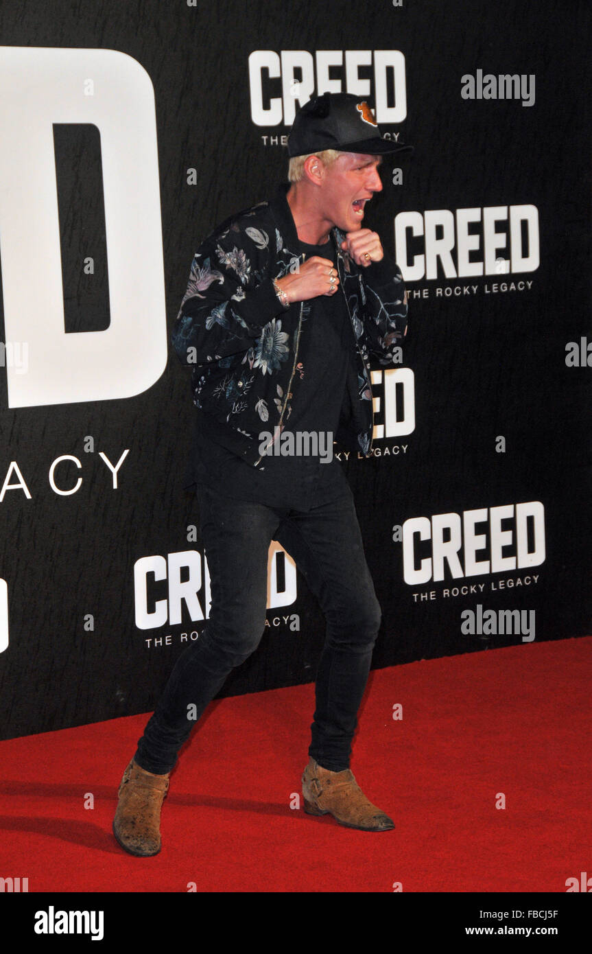 London, UK, 12. Januar 2016, Jamie Laing besucht Europäische Premiere Creed bei Empire Leicester Square.Creed ist Boxen Film mit Sylvester Stallone, Tessa Thompson Michael B Jordan. Stockfoto