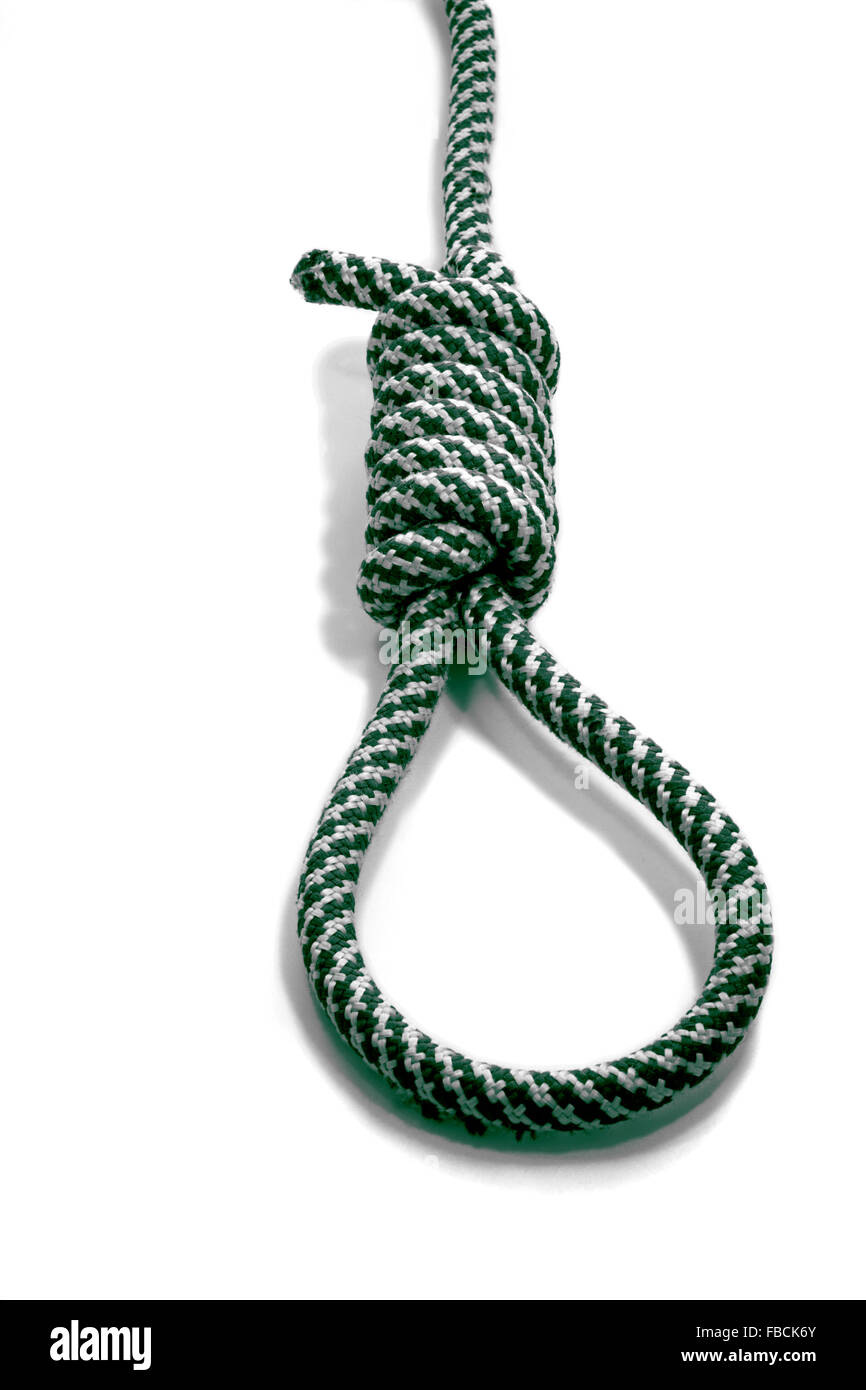 Ein handgefertigter traditioneller Hangman-Seil-Ausschnitt auf weißem Hintergrund Stockfoto