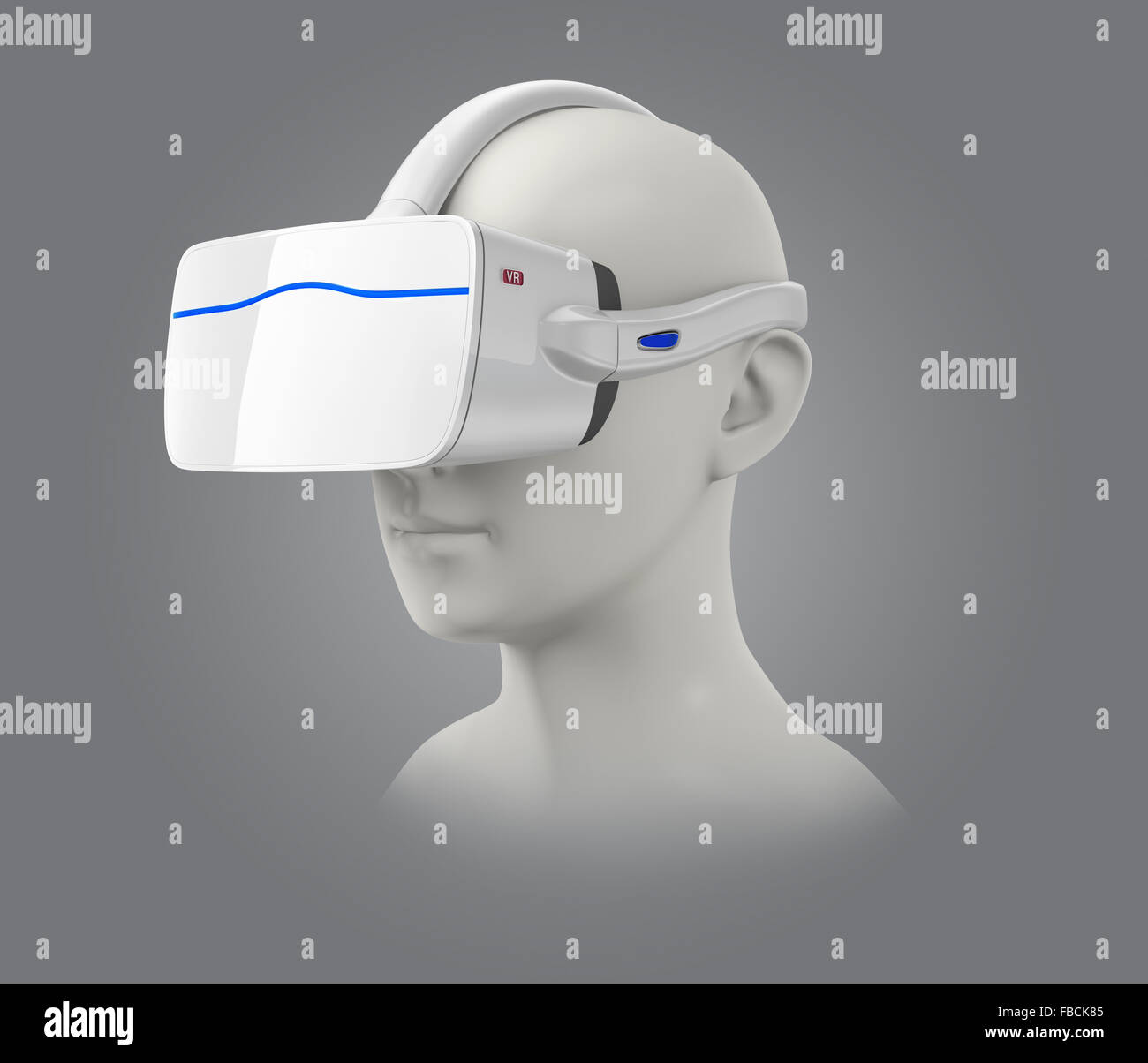 3D menschlichen Kopf trägt weiße VR Kopfhörer auf grauem Hintergrund isoliert. Stockfoto