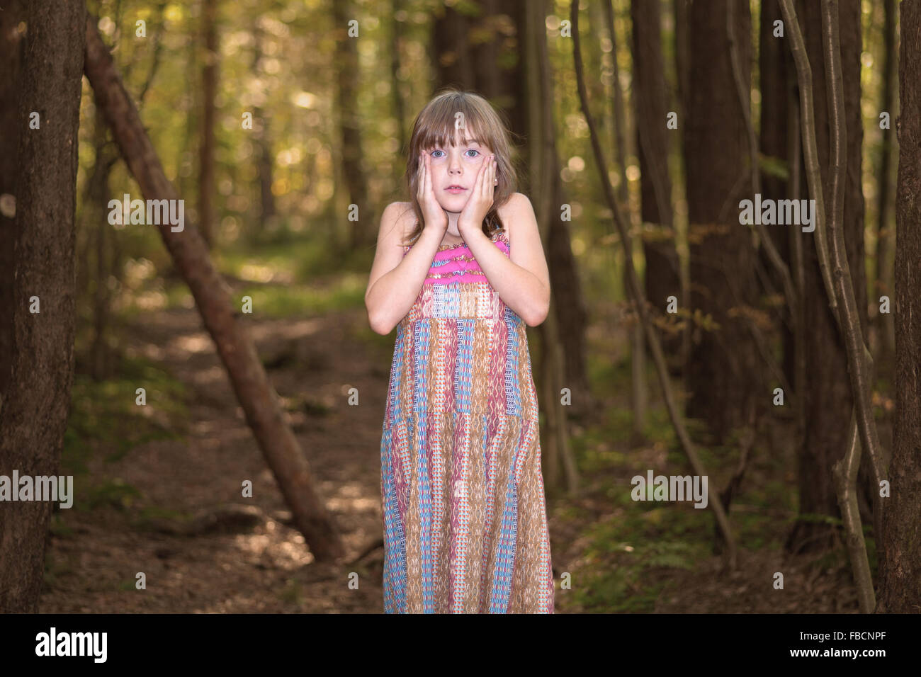 Kleines Mädchen im Wald verloren. Stockfoto