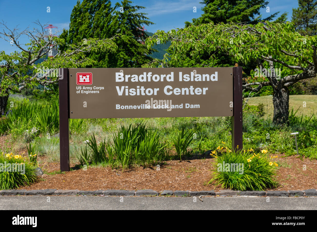 Besucher-Schild am Bradford Island Visitor Center, Bonneville Lock und Dam.  Cascade Locks, Oregon, USA Stockfoto