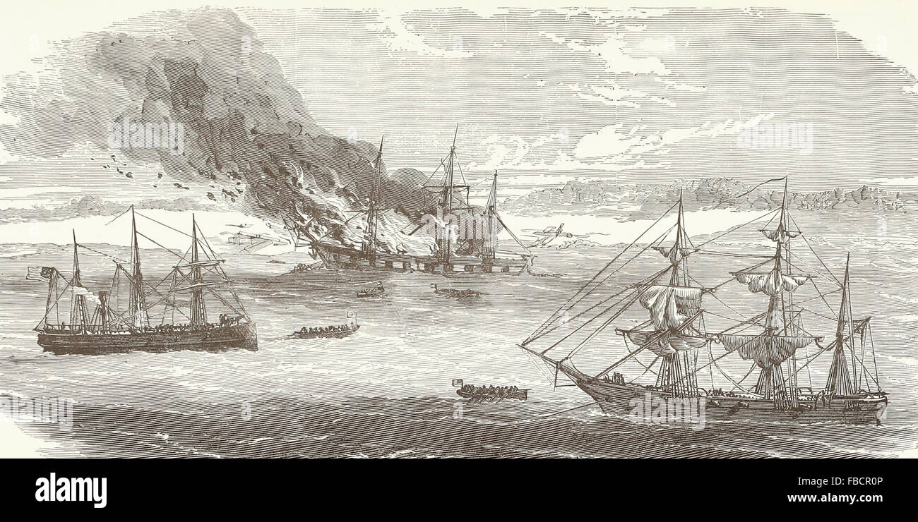 Eine Abordnung der Vereinigten Staaten Segler aus der Kanonenboote Albatros und Gemsbok brennen die Schmuggelware Schiff York, Mündung des Rogue Bucht in der Nähe von Beaufort, NC, 23. Januar 1862. USA Bürgerkrieg Stockfoto