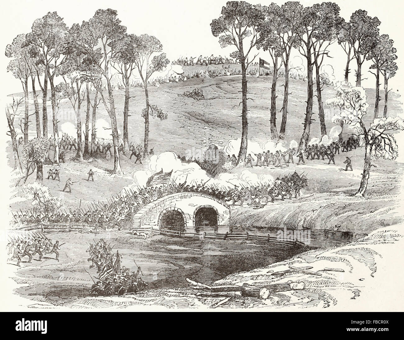 Schlacht von Antietam, Maryland - Burnside Abteilung trägt die Brücke über den Antietam Creek und Stürmen die Konföderierte Position nach einem verzweifelten Konflikt von vier Stunden, 17. September 1862. USA Bürgerkrieg Stockfoto