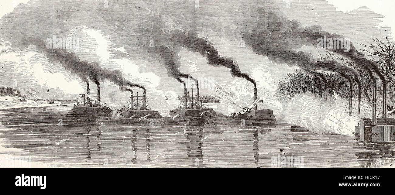 Beschießung von Fort Henry, Tennessee River, Tennessee, von der Mississippi-Flottille Flaggoffizier Foote, 6. Februar 1862. USA Bürgerkrieg Stockfoto