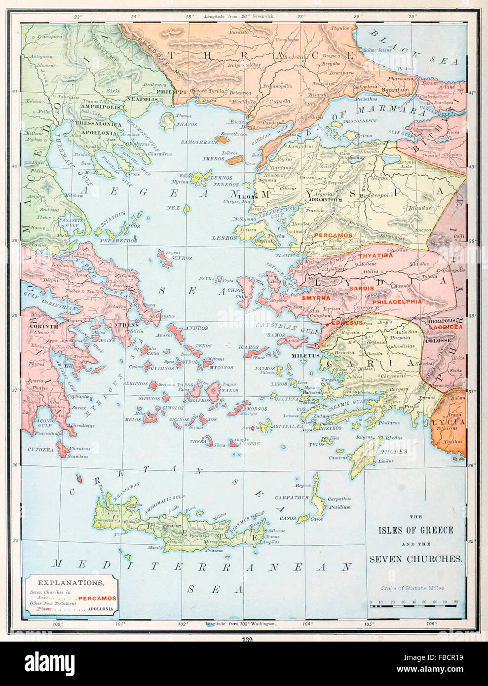 Karte der Inseln Griechenlands und die sieben Kirchen - frühen christlichen Dienst Stockfoto