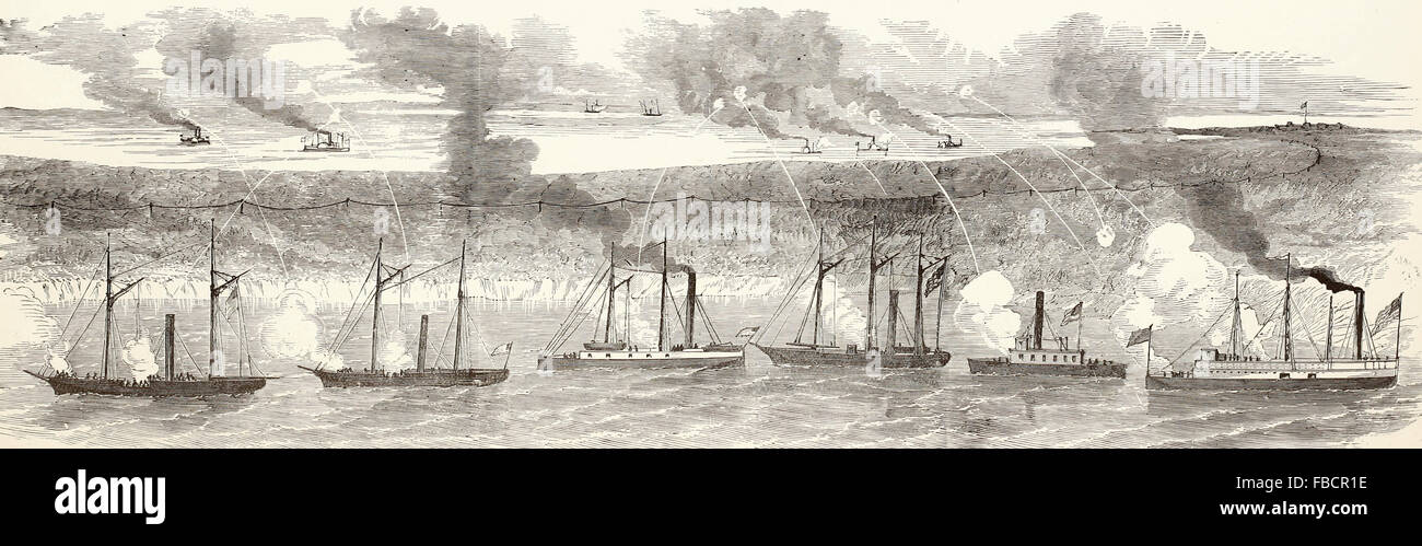 Engagement zwischen den Vereinigten Staaten Kanonenboote unter dem Kommando von Commodore Davis und die Konföderierten Mosquito Flotte unter Commodore Tatnall in der Nähe von Fort Pulaski, Savannah River, 28. Januar 1862. USA Bürgerkrieg Stockfoto