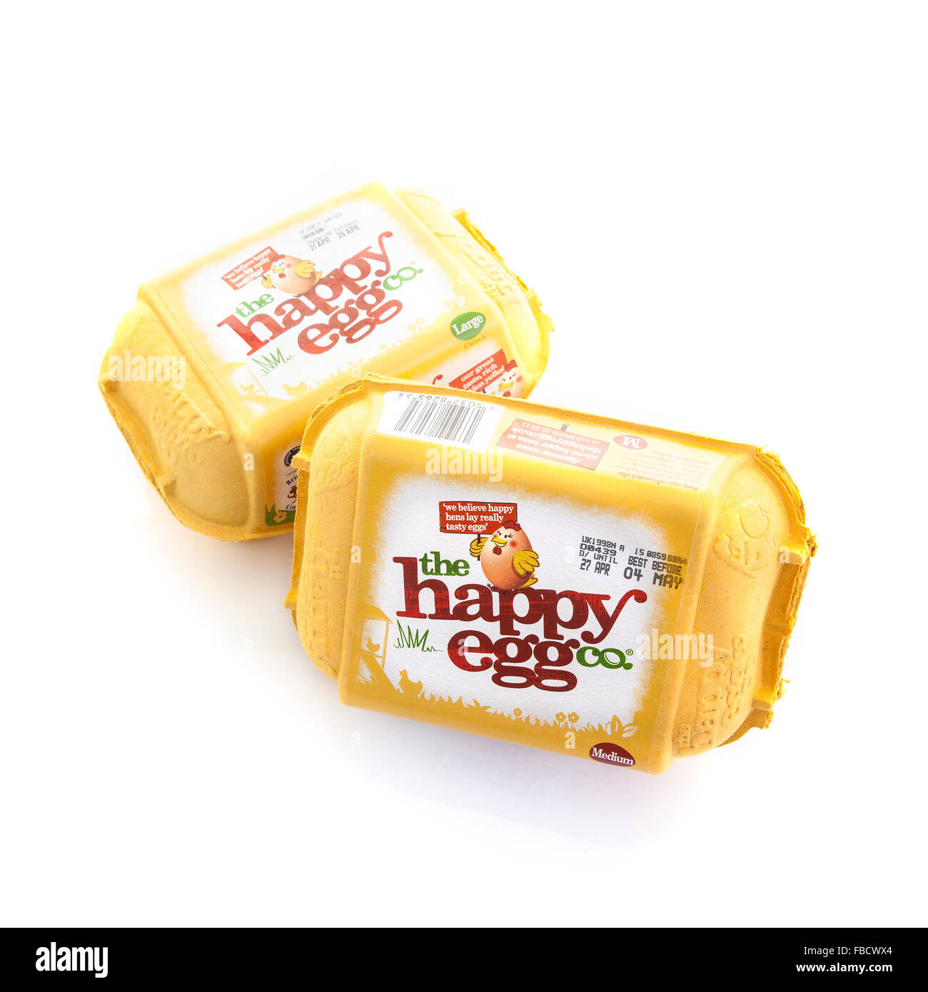 Boxen von The Happy Ei Co frei Range Eggs auf weißem Hintergrund Stockfoto