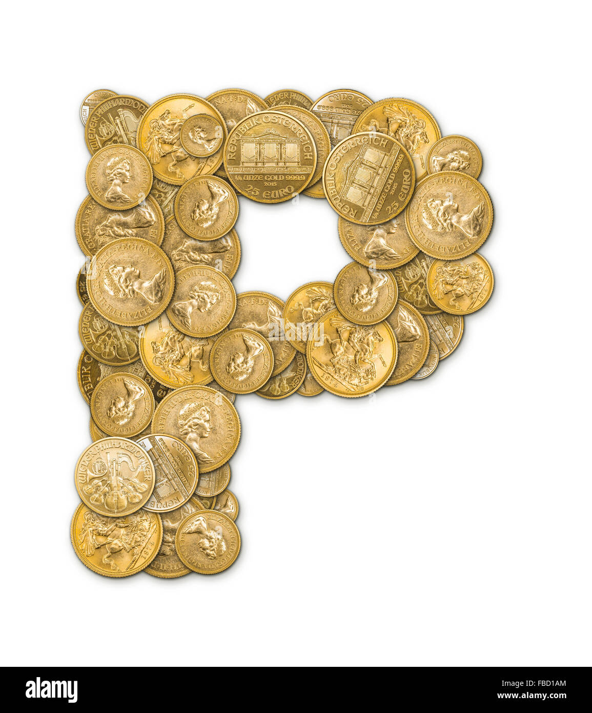 Buchstaben P hergestellt aus gold-Münzen Geld isoliert auf weißem Hintergrund Stockfoto