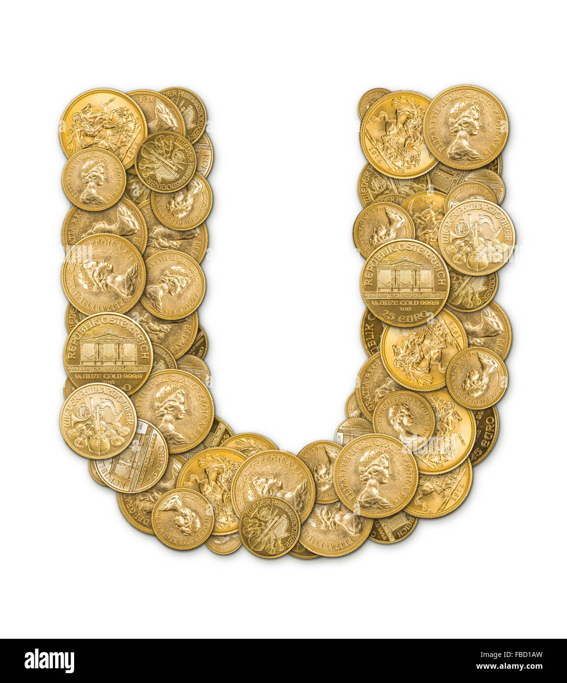 Buchstabe U gemacht von gold-Münzen Geld isoliert auf weißem Hintergrund Stockfoto