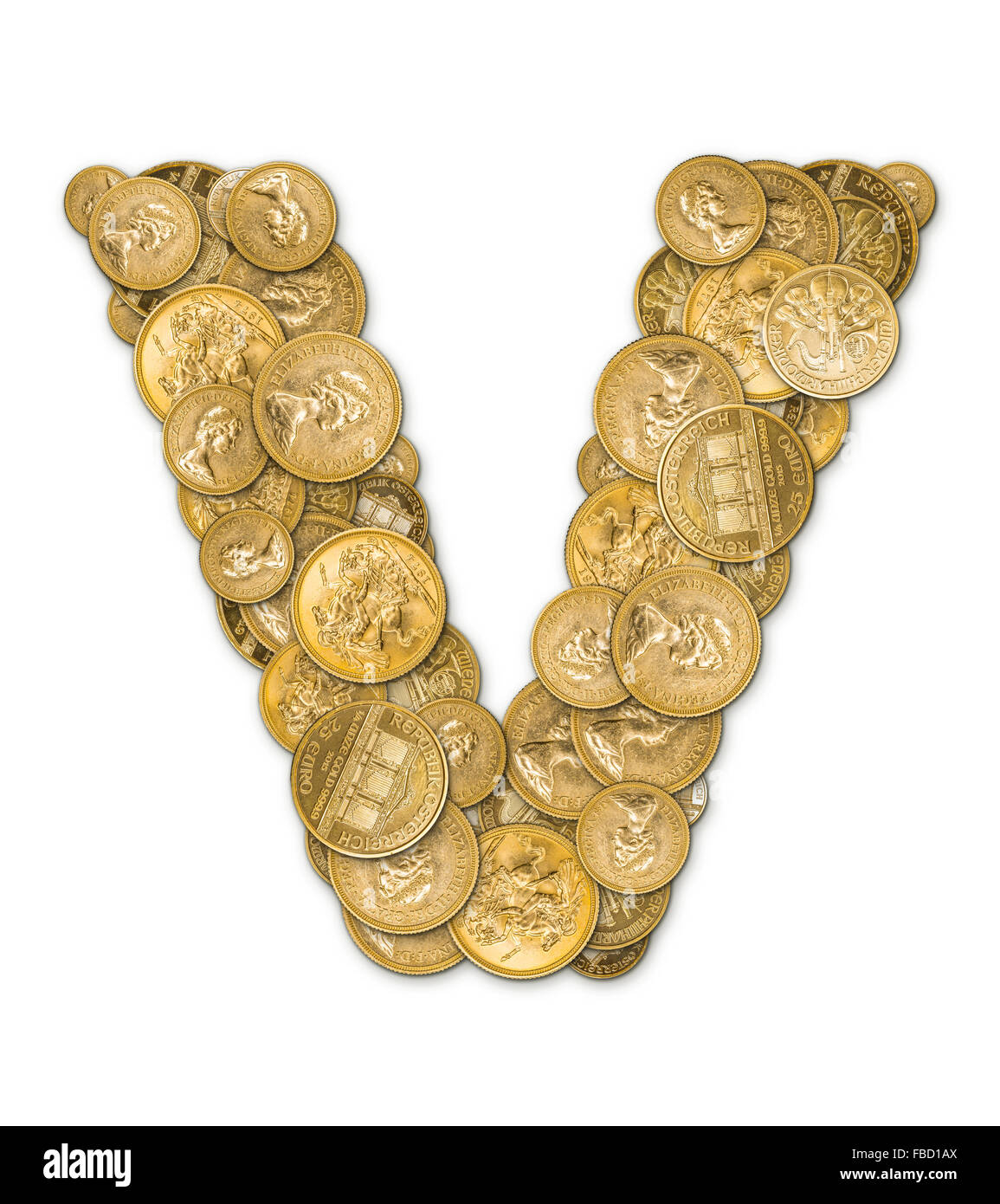 Buchstabe V hergestellt aus gold-Münzen Geld isoliert auf weißem Hintergrund Stockfoto
