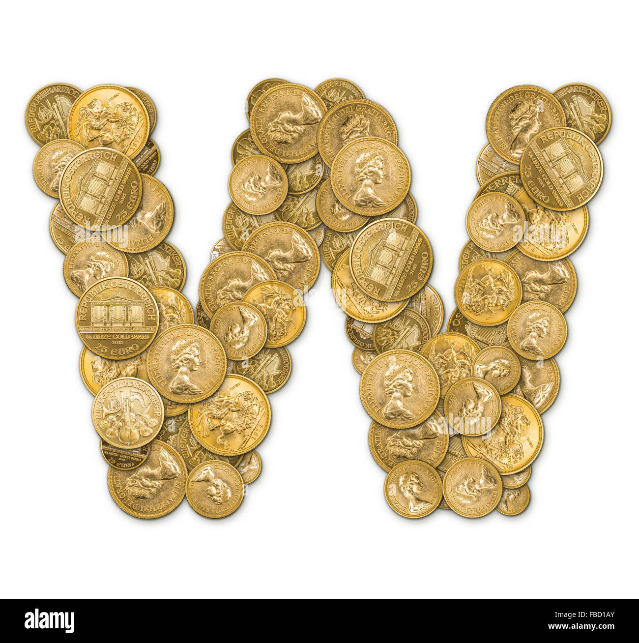Buchstabe W hergestellt aus gold-Münzen Geld isoliert auf weißem Hintergrund Stockfoto