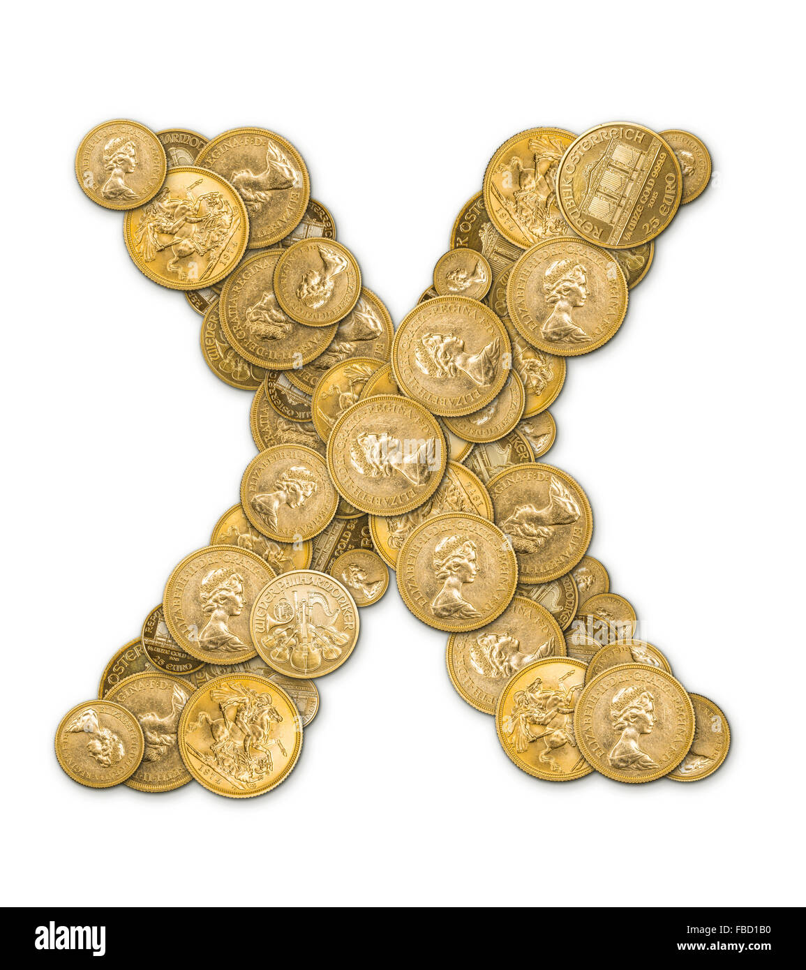 Buchstabe X hergestellt aus gold-Münzen Geld isoliert auf weißem Hintergrund Stockfoto