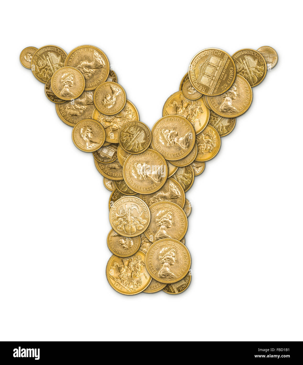 Buchstabe Y hergestellt aus gold-Münzen Geld isoliert auf weißem Hintergrund Stockfoto
