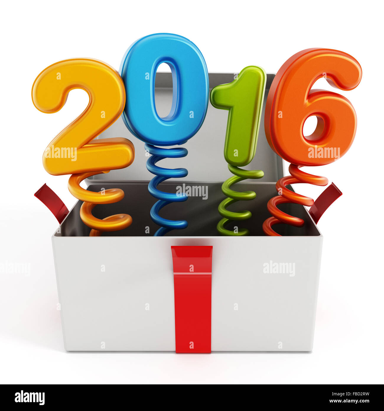 Reihe 2016 knallend aus der Geschenkbox isoliert auf weißem Hintergrund. Stockfoto