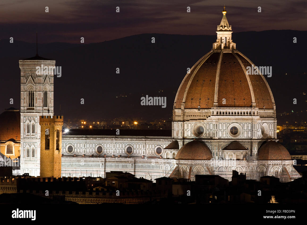 Basilica di Santa Maria del Fiore in der Nacht. Stockfoto
