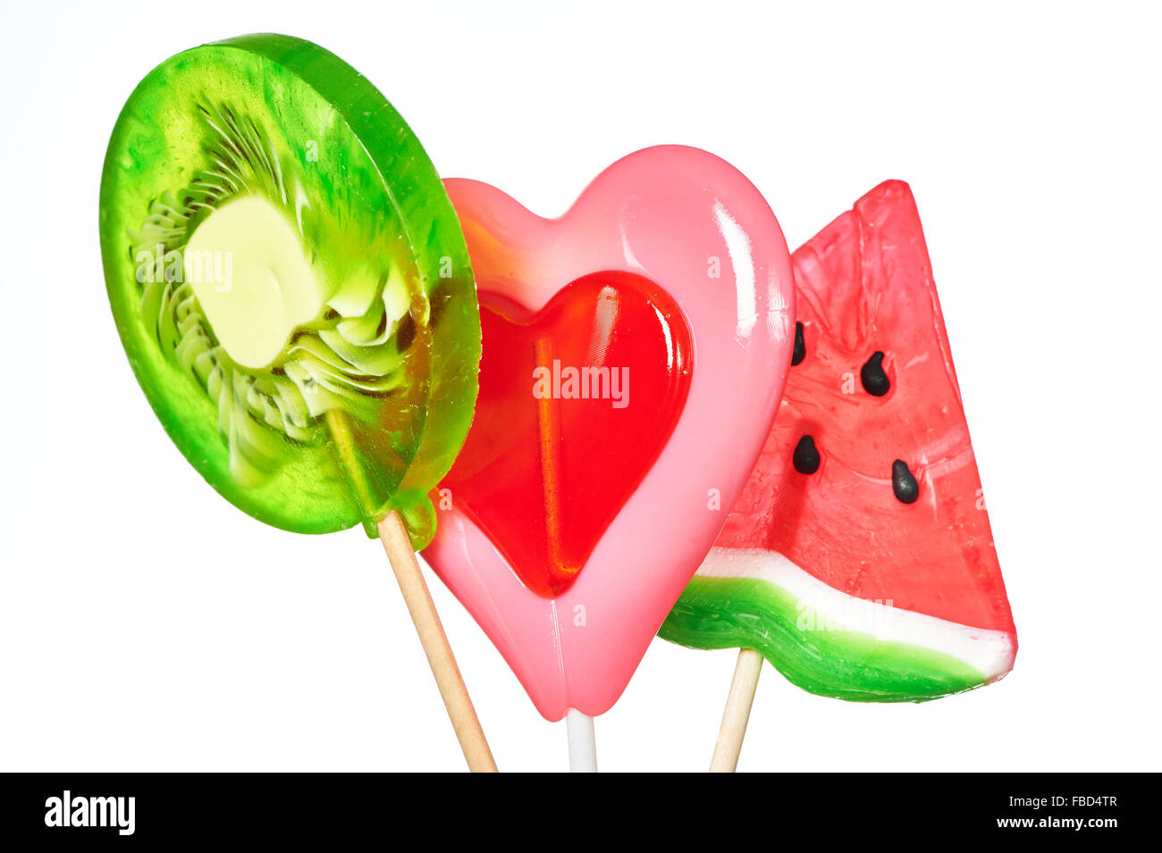 Lutscher in Form von Herzen, Wassermelone und kiwi Stockfoto