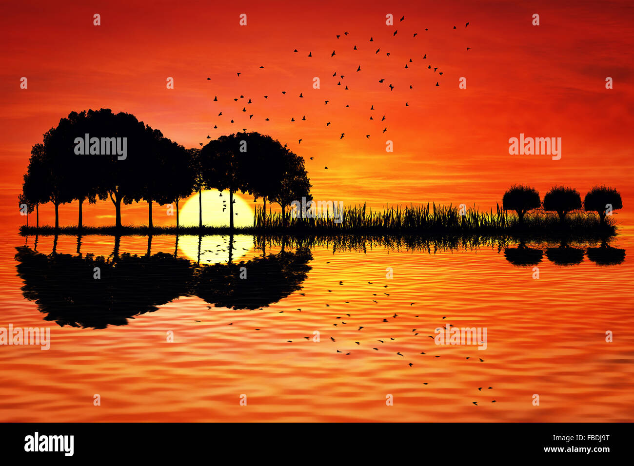 Bäume in Form einer Gitarre auf einem Sonnenuntergang Hintergrund angeordnet. Musik Insel mit einer Gitarre Spiegelung im Wasser Stockfoto