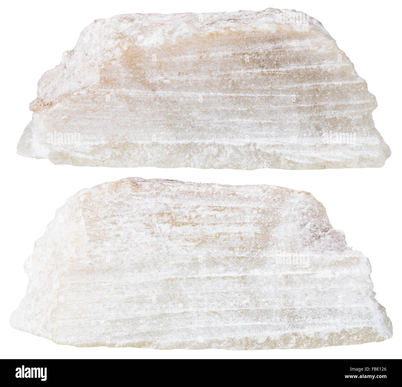 Makroaufnahmen Probe Naturstein - zwei Stücke von Talkum Mineral Stein isoliert auf weißem Hintergrund Stockfoto