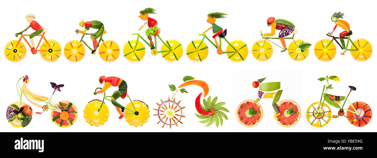 Obst und Gemüse in der Form des Fahrrades mit Radfahrer eingestellt. Stockfoto