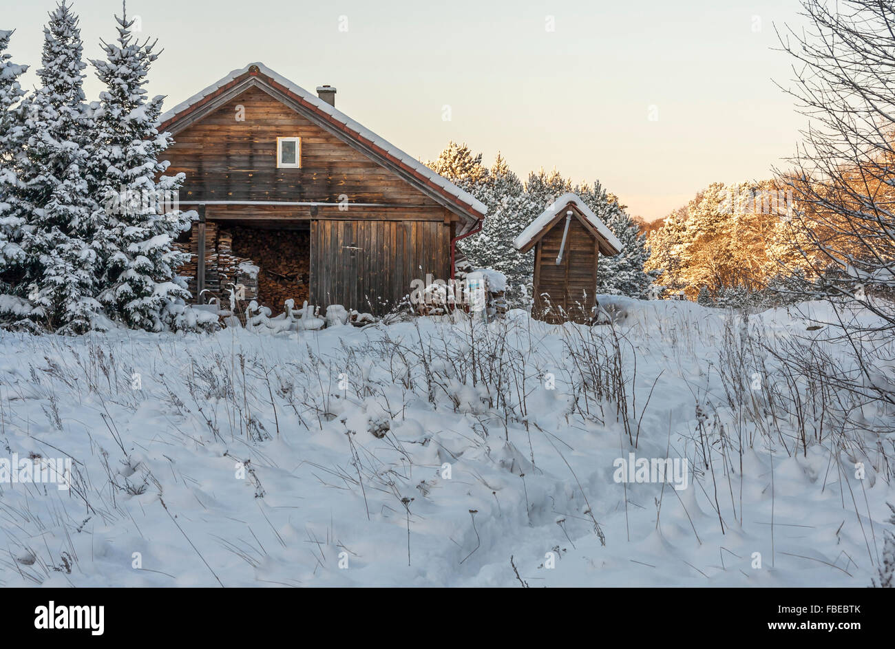 Holzhaus im Winterwald Stockfoto