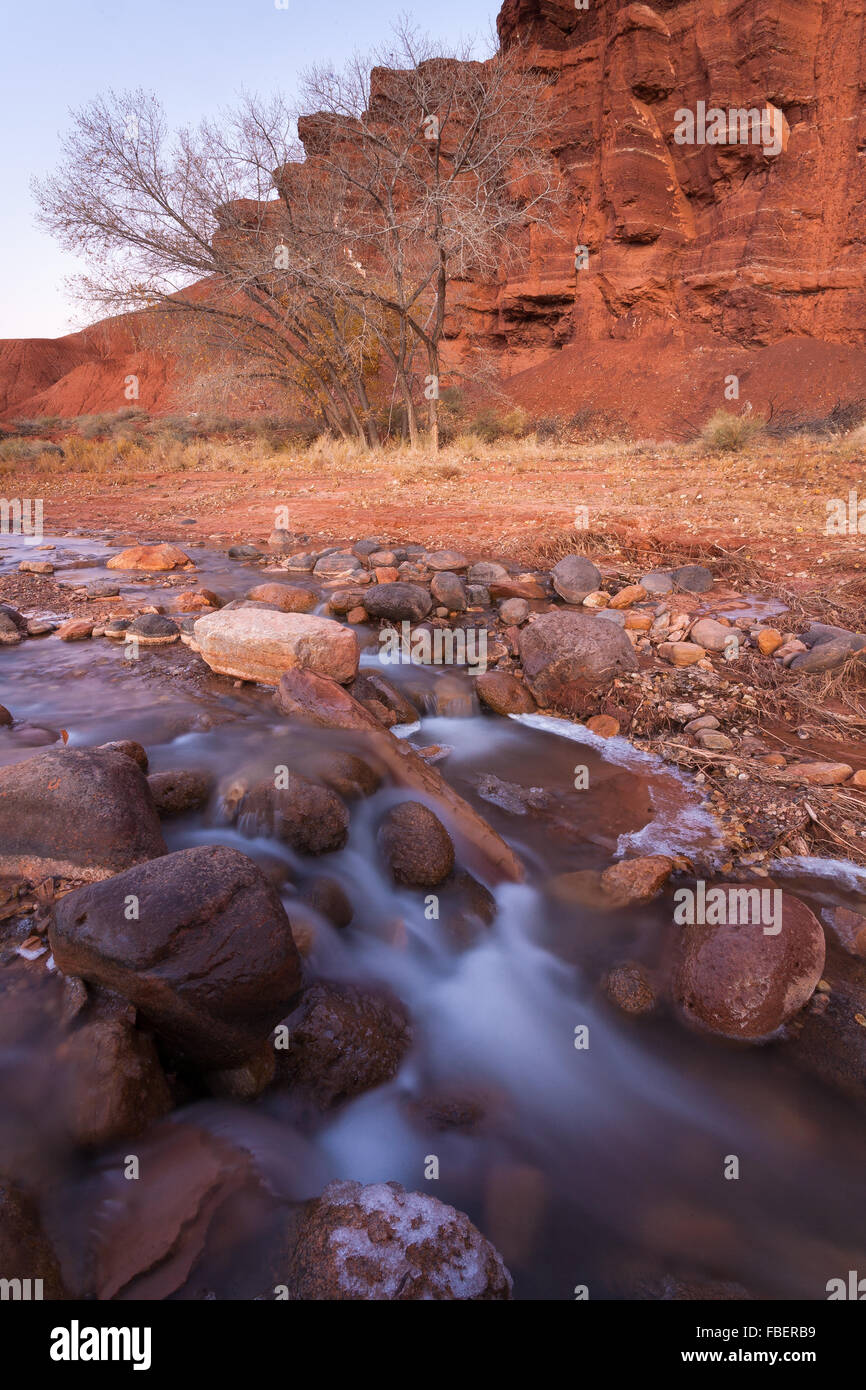 Sulphur Creek Kaskaden über einen kleinen Wasserfall im Capitol Reef National Park, Utah. Stockfoto