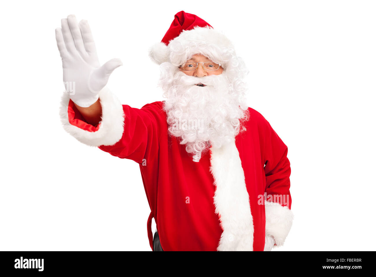 Studioaufnahme von Santa Claus Geste mit der Hand isoliert auf weißem Hintergrund Halt machen Stockfoto