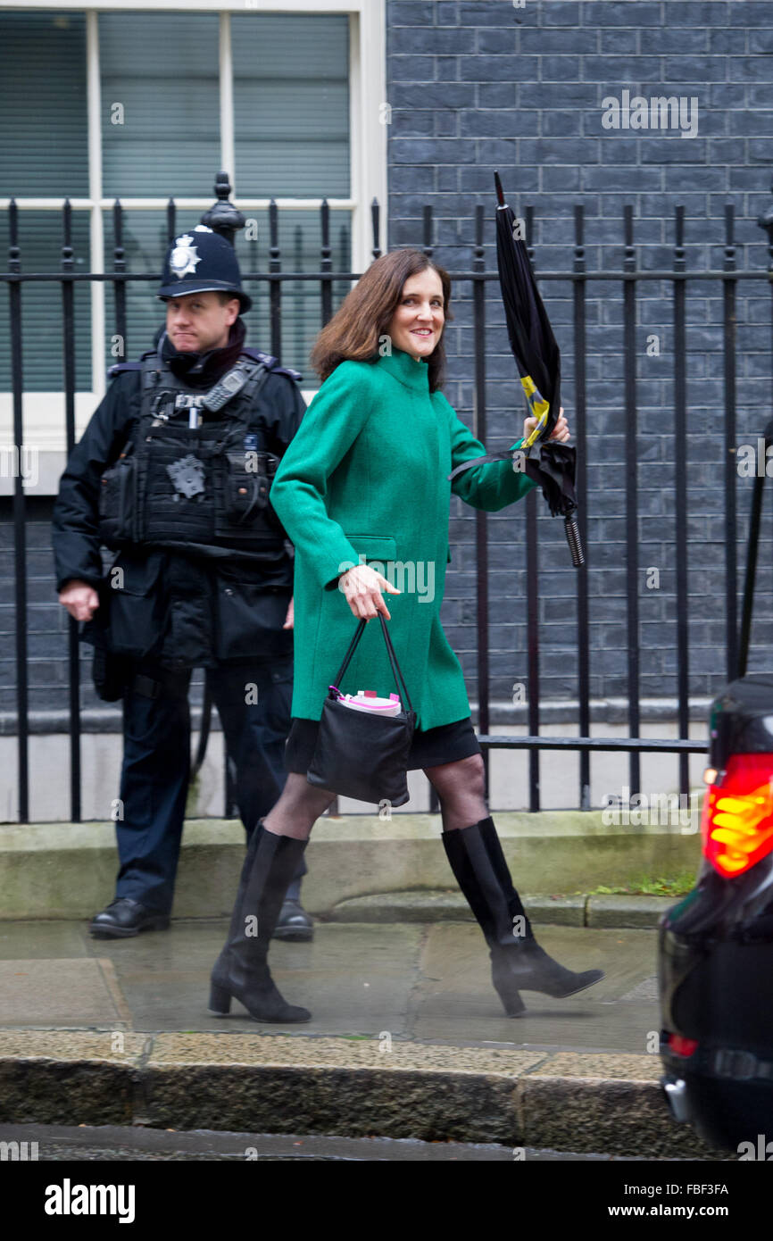 Mitglieder des Kabinetts ankommen und Abfahren von der wöchentlichen Kabinettssitzung in 10 Downing Street statt.  Mitwirkende: Theresa Villiers MP, Staatssekretär für Nordirland. Wo: London, Vereinigtes Königreich bei: 15. Dezember 2015 Stockfoto