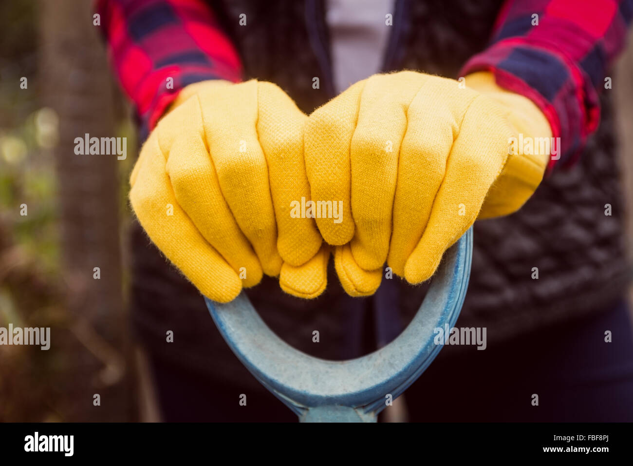 Mann mit Handschuhe halten Gartenwerkzeug Stockfoto