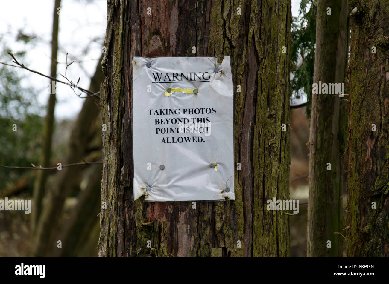 "Warnung. Die Fotos über diesen Punkt hinaus ist nicht zulässig "Mitteilung angehängt an einen Baum in Midlothian, Schottland. Stockfoto