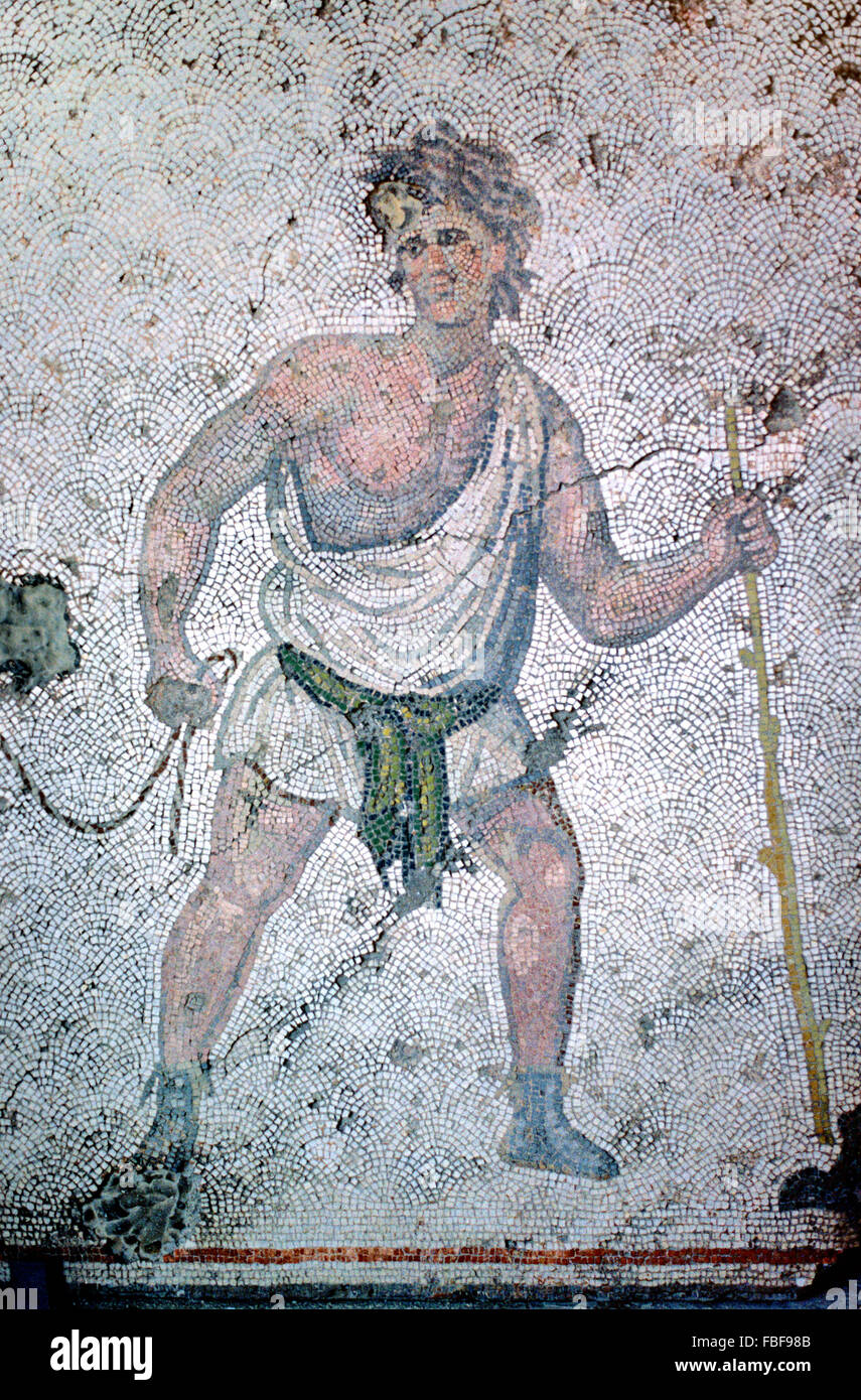 Fifth-Century römisches Fußbodenmosaik eines Kamels Treiber, Camaleer oder Kameltreiber, die antiken griechischen oder römischen Mann, der eine Toga aus der byzantinischen Palastes, Istanbul, Türkei Stockfoto