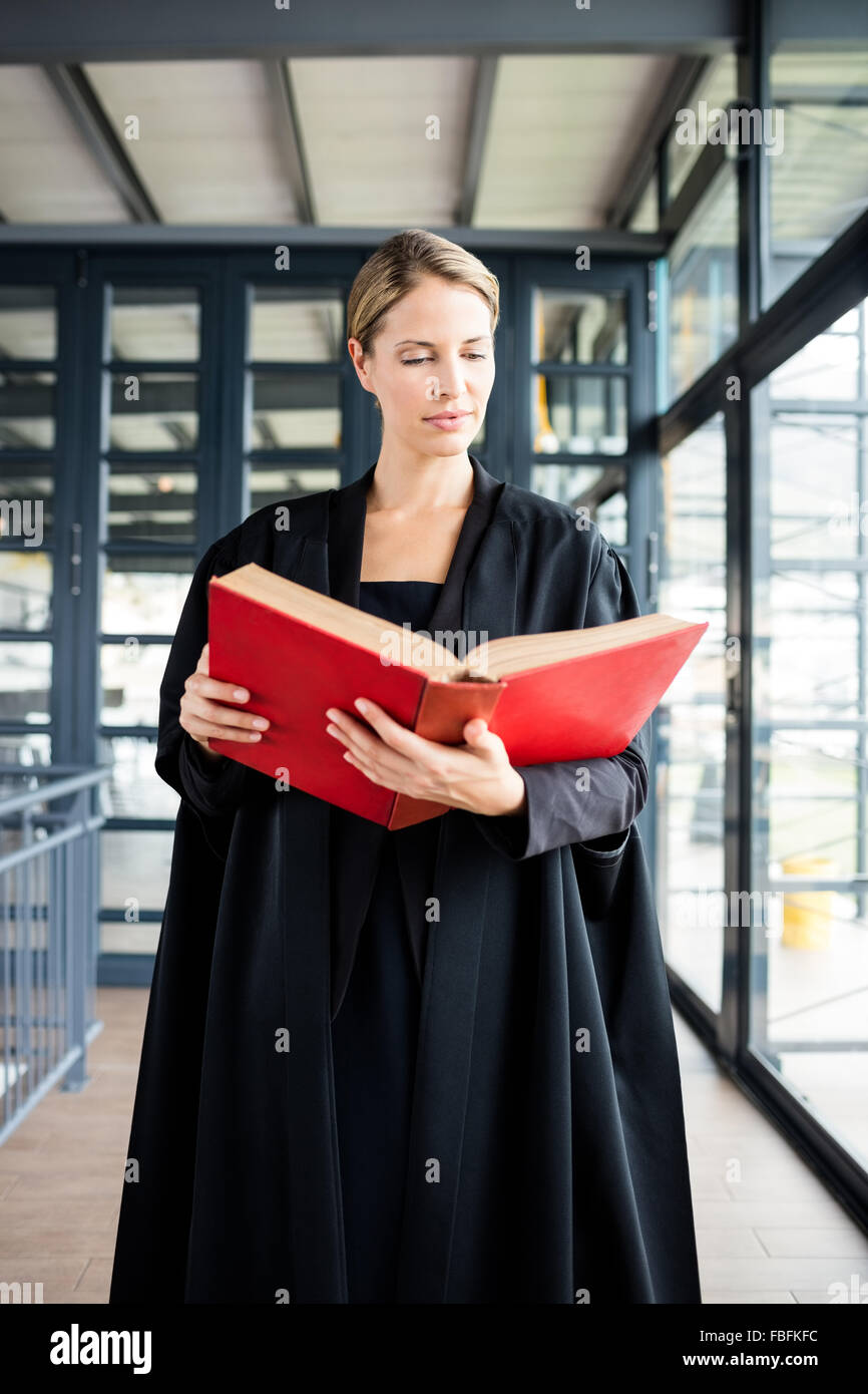 Weiblicher Rechtsanwalt ein Buch aufmerksam zu lesen Stockfoto