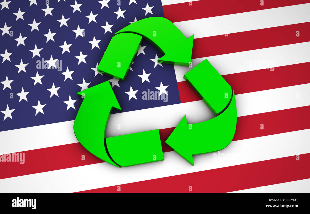 Recycling-grünes Symbol, Symbol und internationalen Logo auf Flagge, Vereinigte Staaten von Amerika. Stockfoto