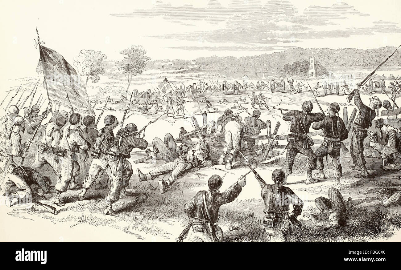 Schlacht von Antietam - Burnside Division, linker Flügel - brillant und entscheidende Bajonett kostenlos Hawkins Zouaven, Oberst Kimball, auf die Konföderierten-Batterie auf dem Hügel rechts Ufer des Antietam Creek in der Nähe von Sharpsburg, am Nachmittag des 17. September 1862 - völlige Niederlage der Eidgenossen. USA Bürgerkrieg Stockfoto