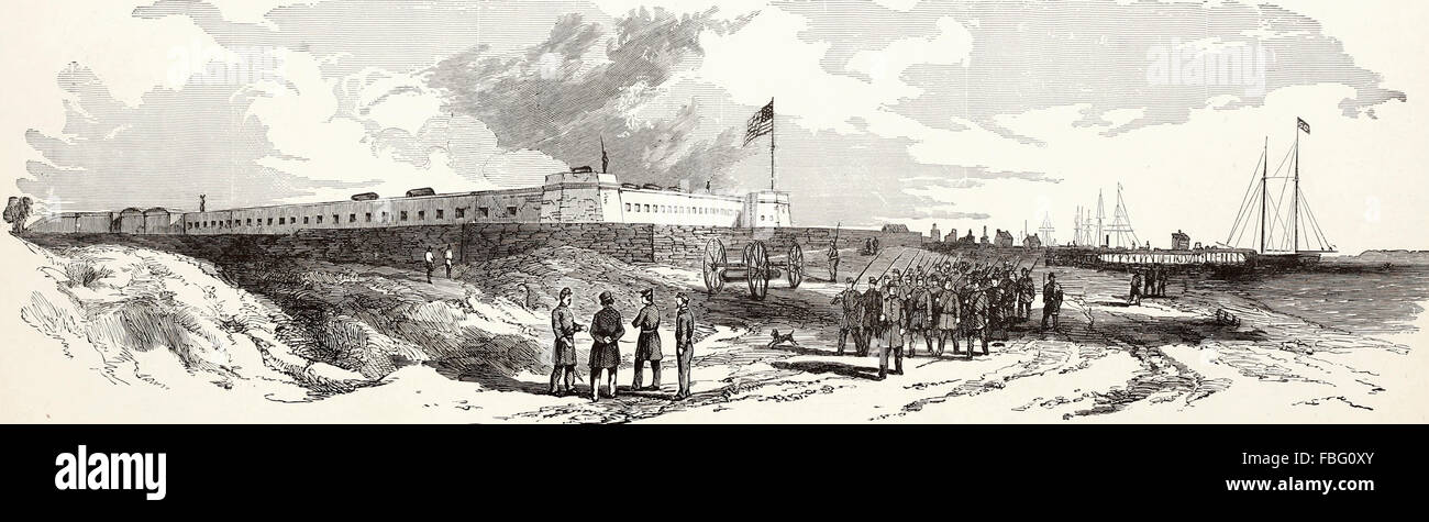 Außenansicht des Fort Clinch auf AMelia Island, Florida, Kommandeur der Hafen von Fernandina, erfasst durch die Federal Land- und Seestreitkräfte unter Commodore Dupont und General Wright, 4. März 1862. USA Bürgerkrieg Stockfoto