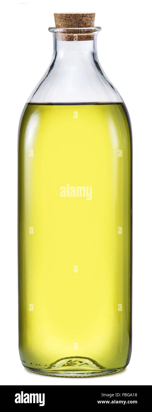 Eine Flasche Olivenöl extra vergine auf weißem Hintergrund. Datei enthält Beschneidungspfade. Stockfoto